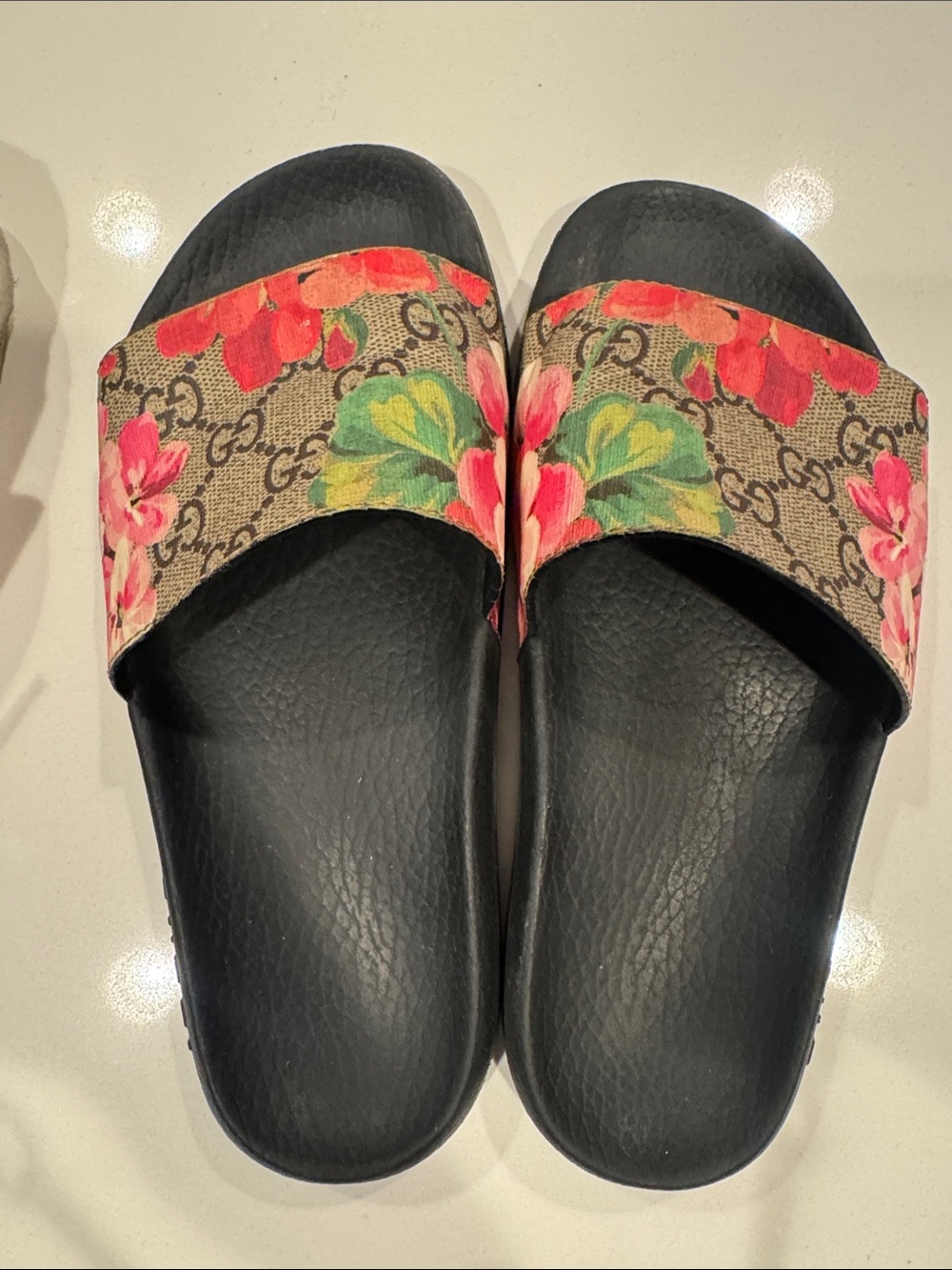 Genuine Gucci Floral Slide Sandals - Black with Pink & Green Accents